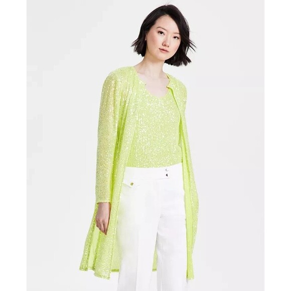 Anne Klein Women's Sequinned Long Side-Slit Cardigan, Sprout, S - Picture 1 of 4